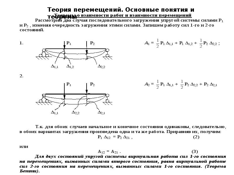 Самостоятельная работа перемещения. Доказательство теоремы о взаимности работ и перемещений. Теорема о взаимности работ и перемещений. Теорема о взаимности работ и перемещений сопромат. Теорема Бетти.