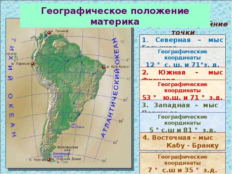 Восточные точки материков. Южная Америка мыс Фроуард. Южная Америка мыс Гальинас. Северная крайняя точка Южной Америки мыс Гальинас. Географические координаты мыса Гальинас.