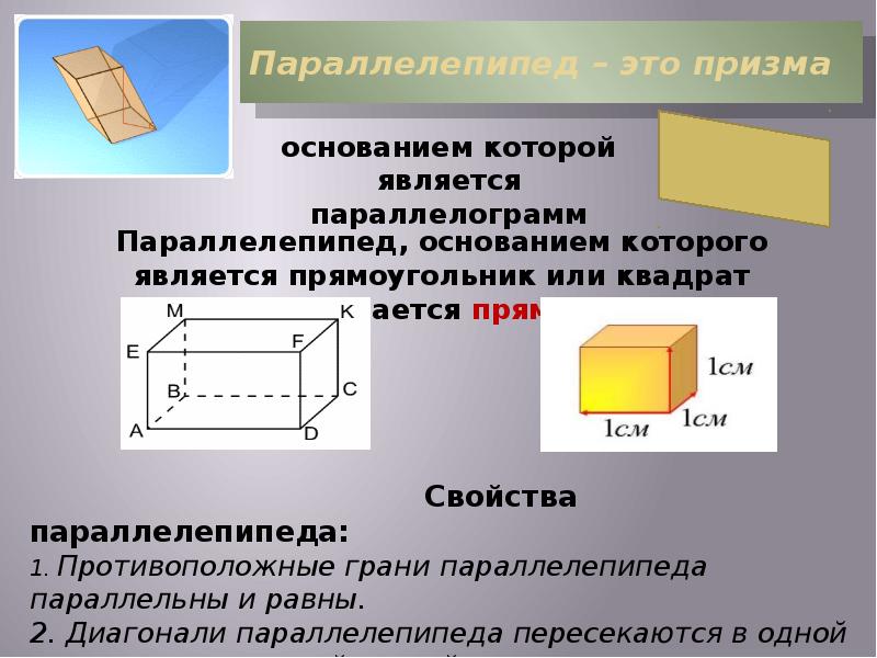 Стереометрия параллелепипед. Призма параллелепипед. Параллелепипед и параллелограмм. Противоположные грани параллелепипеда параллельны и равны. Свойство противоположных граней параллелепипеда.