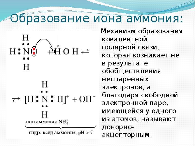 Механизм образования Иона аммония nh4 +. Донорно-акцепторный механизм образования Иона аммония. Механизм образования химической связи аммиака.