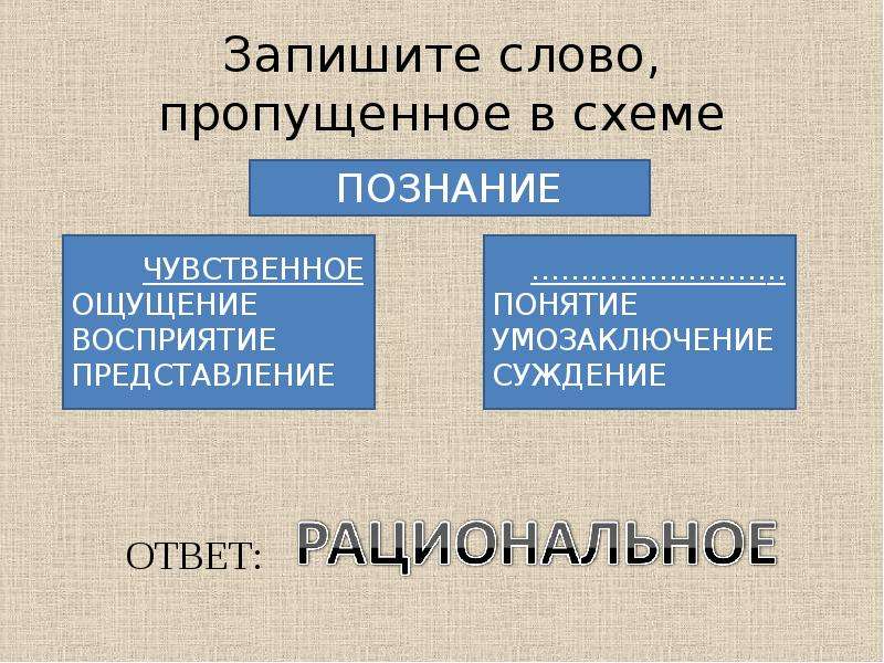 Какое слово пропущено в схеме формы чувственного познания