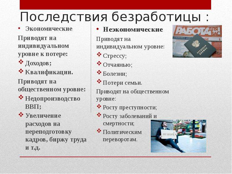 Последствия безработицы 8 класс. Экономические и внеэкономические последствия безработицы. Неэкономические последствия безработицы. Неэкономические последствия незанятости для безработного. Последствия безработицы неэкономические последствия.