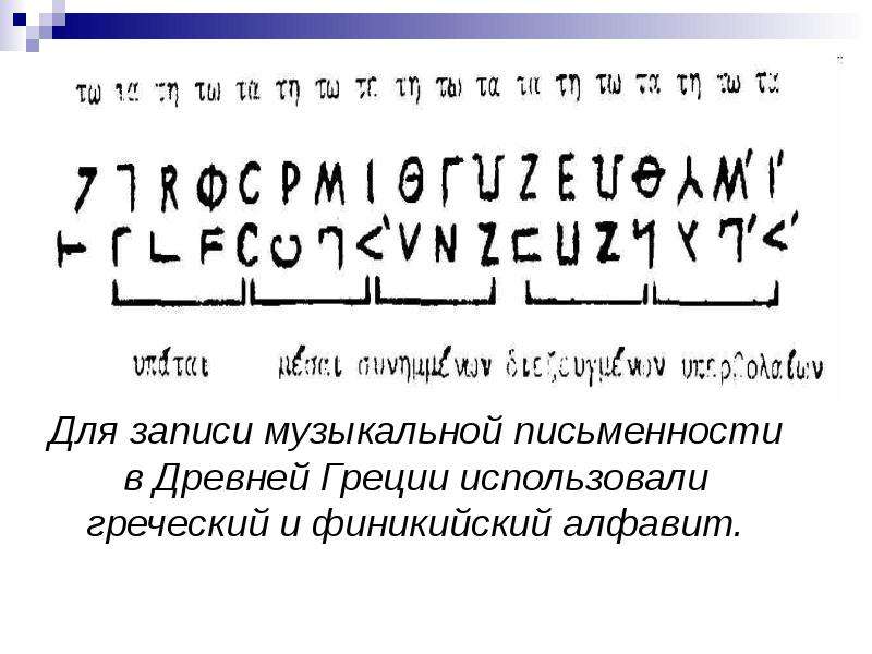 Для записи музыкальной письменности в Древней Греции использовали греческий и финикийский алфавит.