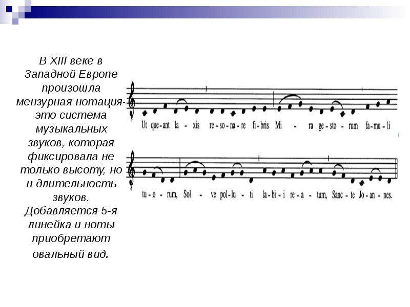 В XIII веке в Западной Европе произошла мензурная нотация-это система музыкальных звуков, которая фи