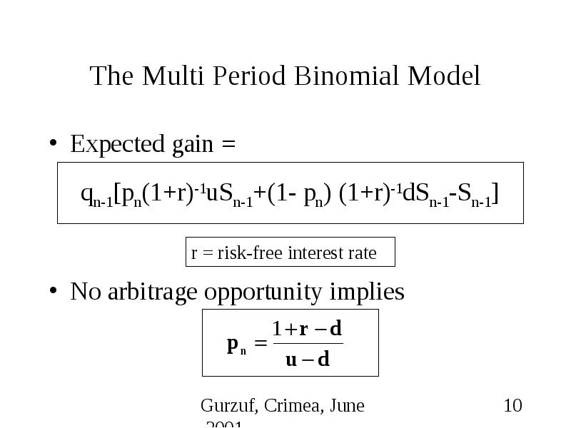 The Multi Period Binomial Model Expected gain = No arbitrage opportunity implies