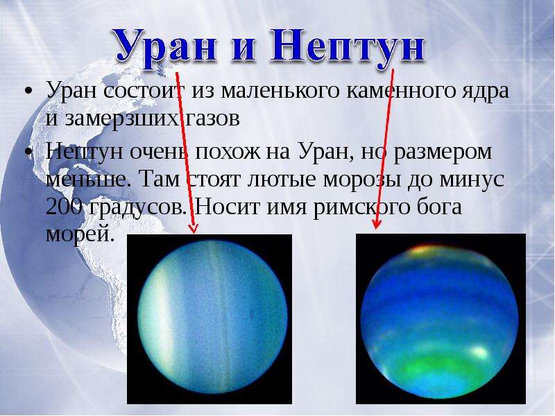 


Уран состоит из маленького каменного ядра и замерзших газов
Уран состоит из маленького каменного ядра и замерзших газов
Нептун очень похож на Уран, но размером меньше. Там стоят лютые морозы до минус 200 градусов. Носит имя римского бога морей.
