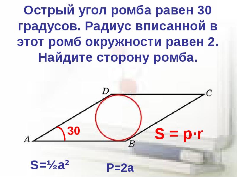 В окружность вписан ромб найти угол. Ромб с острым углом 30 градусов. Острый угол ромба равен 30 радиус вписанной. Острый угол ромба равен 30 радиус вписанной окружности 2. Острый угол градусы.