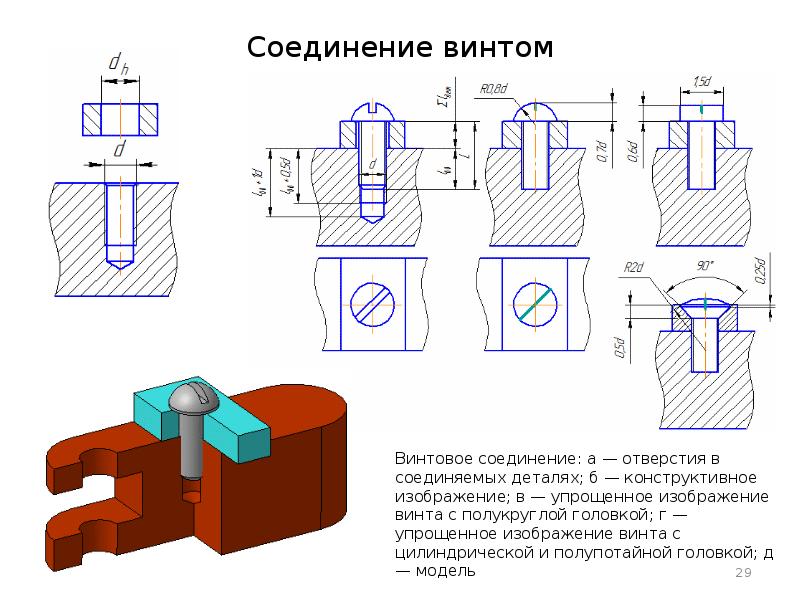 Соединение винтом на чертеже