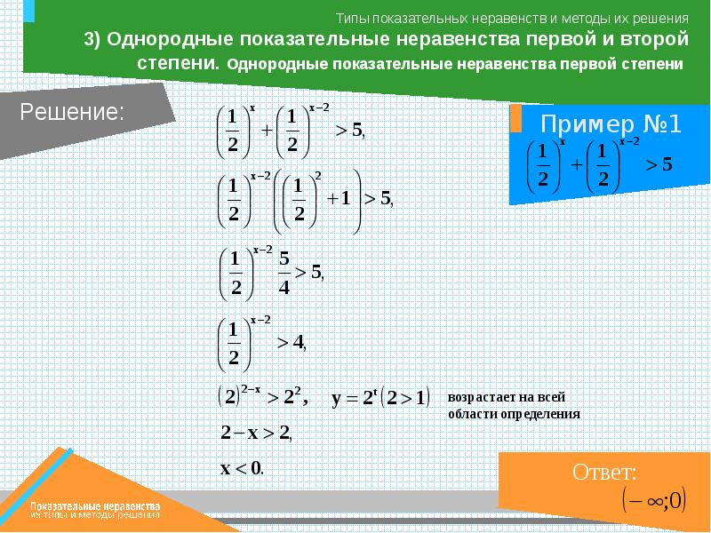 Решение показательных неравенств. Дробные показательные неравенства. Однородные показательные неравенства. Неравенства со степенями.