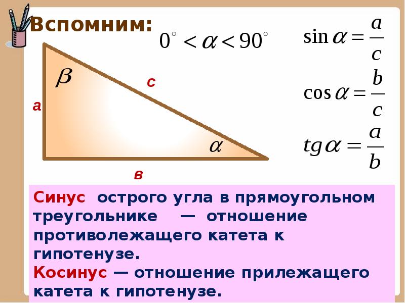 Катет прямоугольного треугольника противолежащий углу. Как найти гипотенузу треугольника через косинус. Как найти гипотенузу если известен синус. Тангенс это отношение противолежащего к прилежащему. Тангенс это отношение прилежащего катета к гипотенузе.