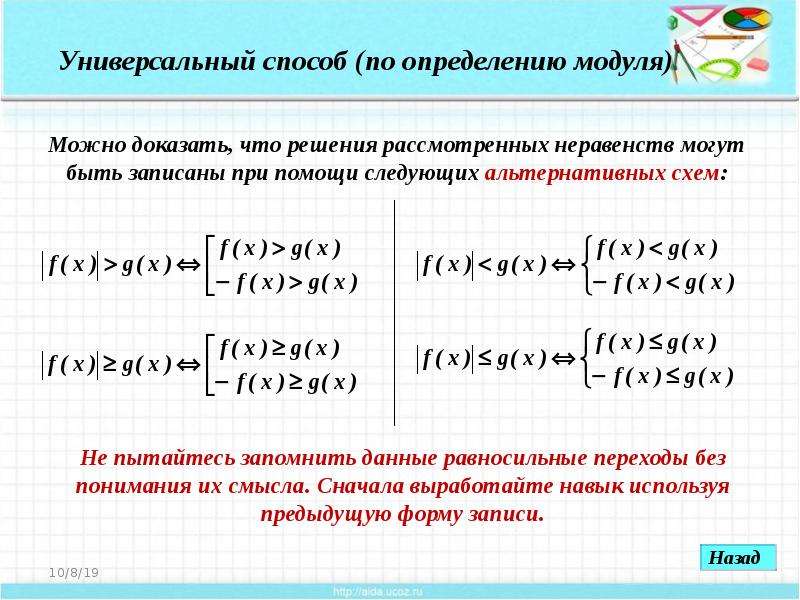 Неравенства с модулем. Решение уравнений и неравенств с модулем. Линейные неравенства с модулем формулы. Алгоритм решения линейных неравенств с модулем.