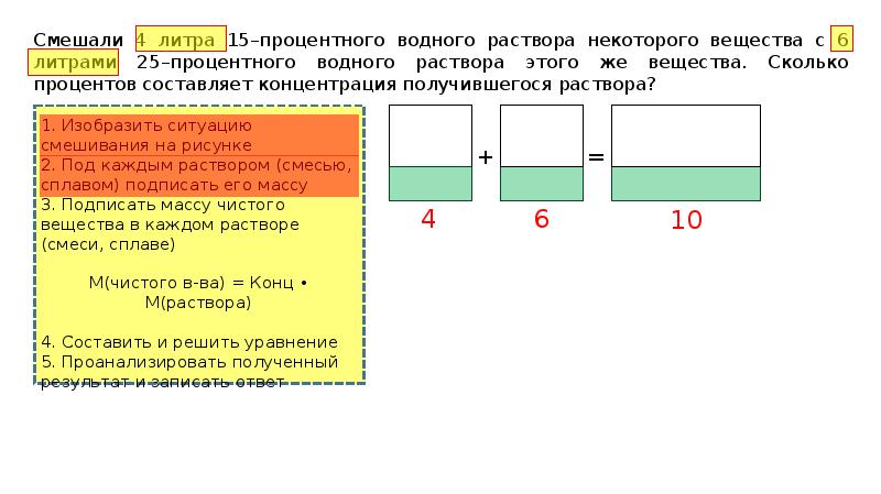 Смешали некоторое количество вещества. Смешали 4 литра 15-процентного водного раствора. Смешав 4 литра 15 процентного водного раствора некоторого вещества с 6. Смешали 4 литра 15-процентного водного раствора с 6. Смешали некоторое количество 20 процентного раствора.