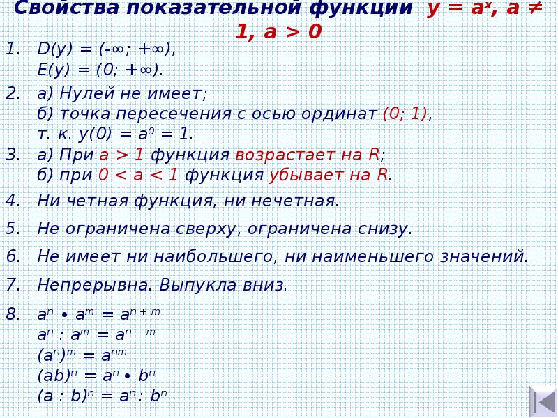 Конспект показательная функция ее свойства и график