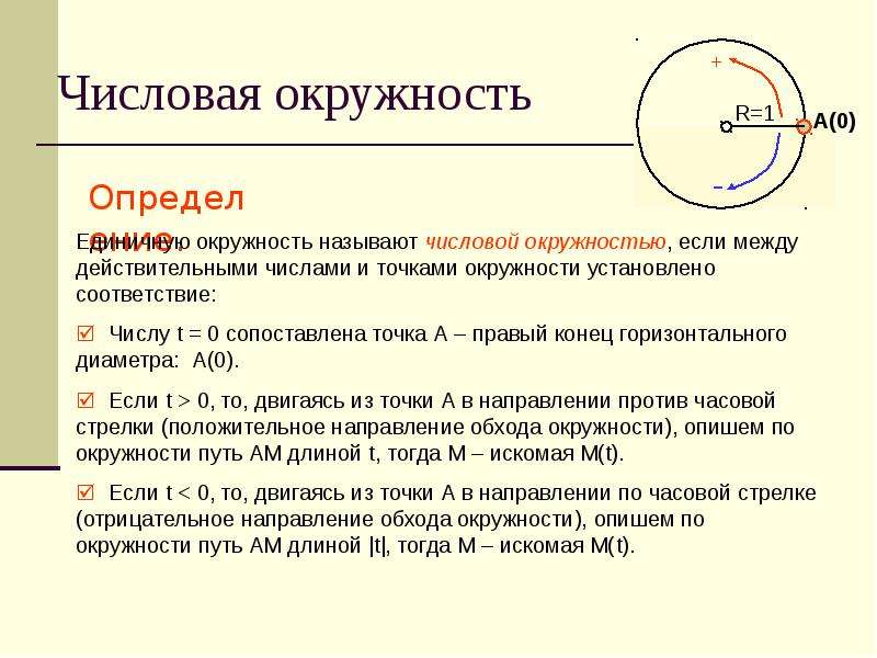 Горизонтальный диаметр. Числовая окружность против часовой стрелки. Положительный обход окружности. Путь окружности. Положительное и отрицательное направление обхода окружности.