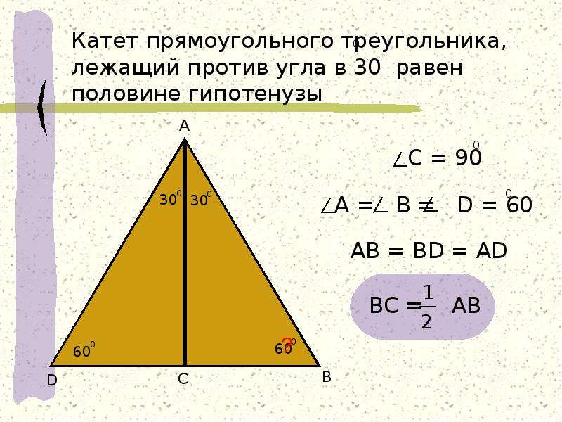 Чему равен катет напротив угла 30. Катет треугольника. Катет равен половине гипотенузы. Угол в 30 градусов равен половине гипотенузы.