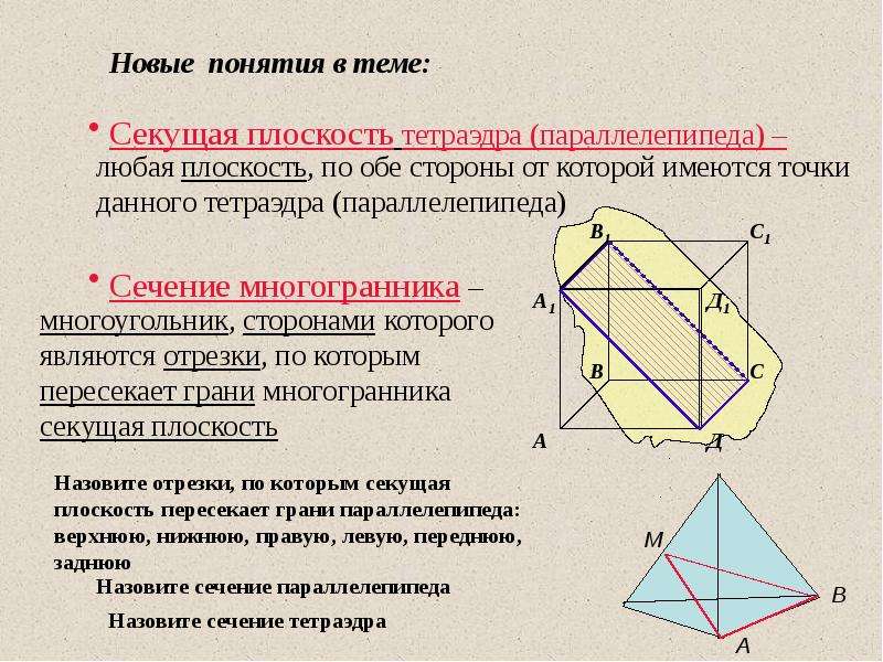 Сечения тетраэдра и параллелепипеда. Построение сечений тетраэдра и параллелепипеда 10 класс.