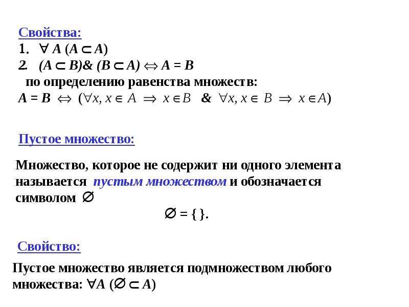 Характеристика пустого. Основные равенства множеств. Определение равенства множеств. Свойства равенства множеств. Свойства теории множеств.