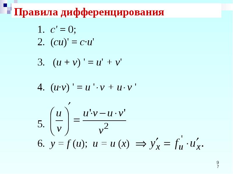 Правила дифференцирования таблица