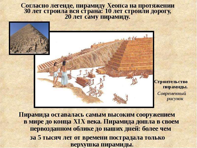 Согласно легенде, пирамиду Хеопса на протяжении 30 лет строила вся страна: 10 лет строили дорогу, 20