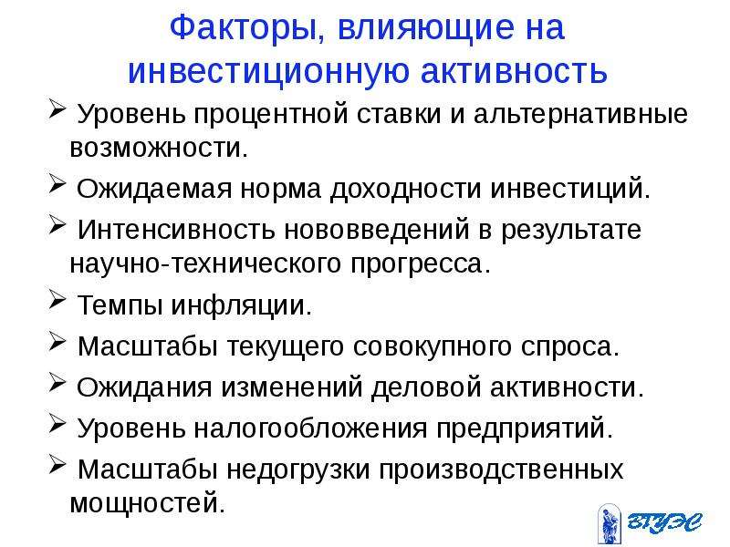 Влияние инвестиций. Факторы влияющие на инвестиционную активность. Макроэкономические факторы уровня процента. Факторы влияющие на инвестирование. Факторы влияющие на инвестиционный спрос.