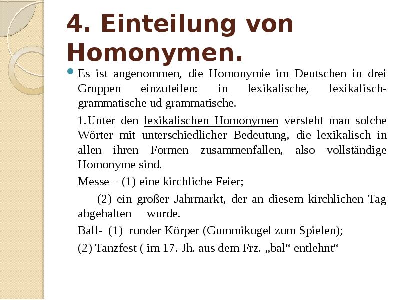 4. Einteilung von Homonymen. Es ist angenommen, die Homonymie im Deutschen in drei Gruppen einzuteil