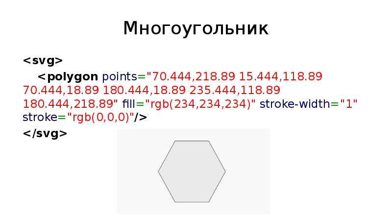 


Многоугольник
<svg>
	<polygon points="70.444,218.89 15.444,118.89 70.444,18.89 180.444,18.89 235.444,118.89 180.444,218.89" fill="rgb(234,234,234)" stroke-width="1" stroke="rgb(0,0,0)"/>
</svg>
