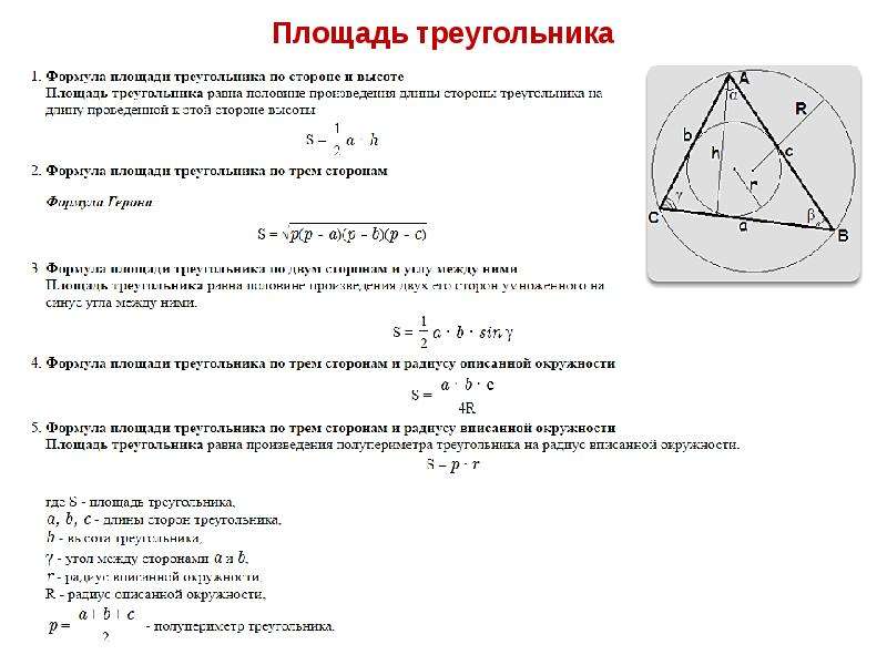 Радиус равен произведению сторон на 4 площади. Формула площади треугольника с описанной окружностью. Формула площади вписанного треугольника. Формула площади треугольника описанного около окружности. Площадь через радиус вписанной.