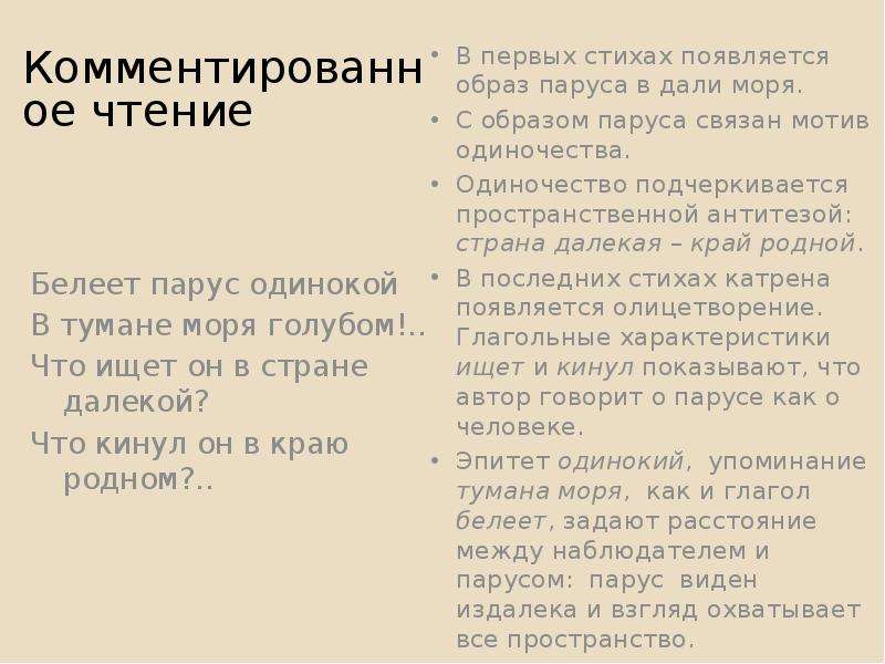 Стихотворение парус анализ