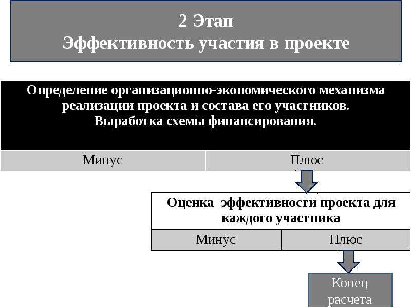 Эффективность участия в проекте. Организационно-экономический механизм реализации проекта. Этапы результативности.