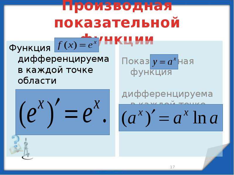 Степенные производные. Производная сложной функции степенной функции. Производная сложной показательной функции. Формула для нахождения производной показательной функции. Производная показательно-степенной функции формула.