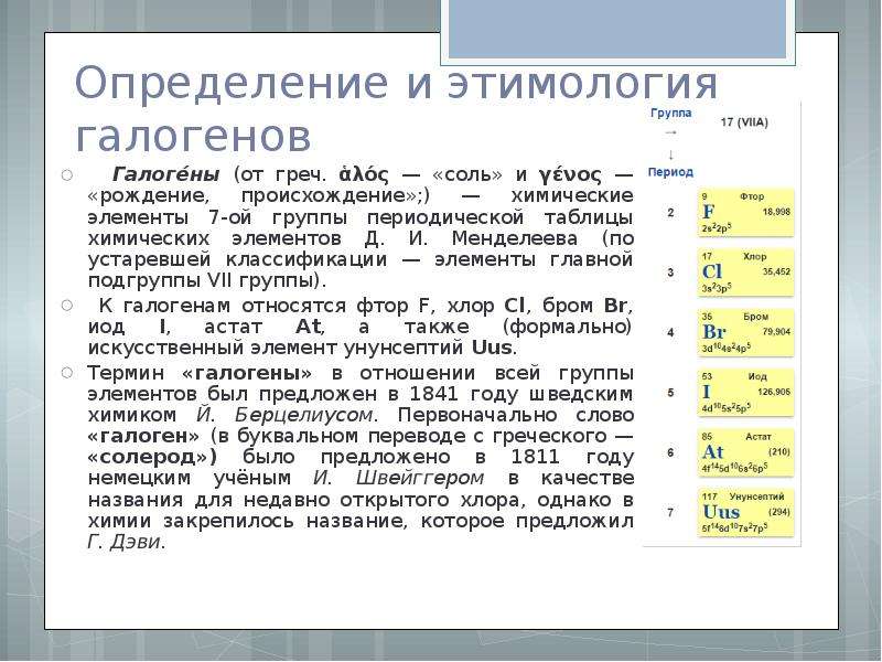 7 галогенов. Группа галогенов в таблице Менделеева. Общая характеристика элементов VII А группы (галогены).