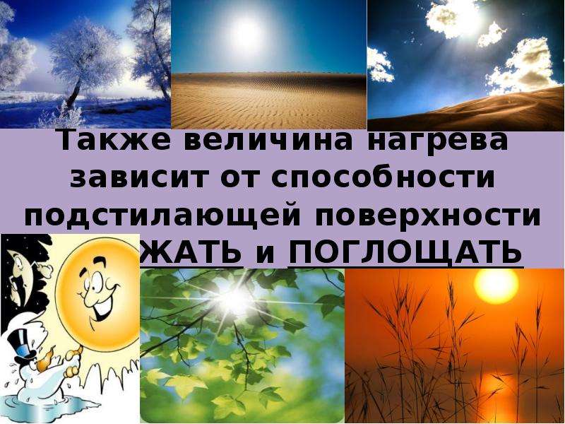 Нагревание атмосферного воздуха. Температура воздуха зависит от подстилающей поверхности. Поглощение и нагрев подстилающей поверхности. Отражательная способность подстилающей поверхности. Зависимость нагревания поверхности от подстилающей поверхности.