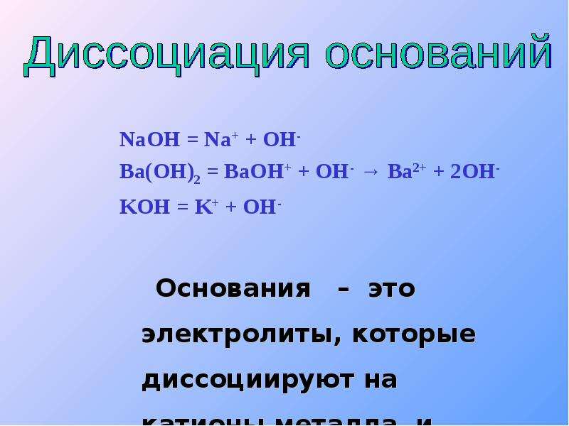 Напишите диссоциацию веществ. Baoh2 диссоциация. Ba Oh 2 диссоциация. Диссоциация электролитов ba Oh 2. Основания это электролиты которые диссоциируют на катионы металла и.