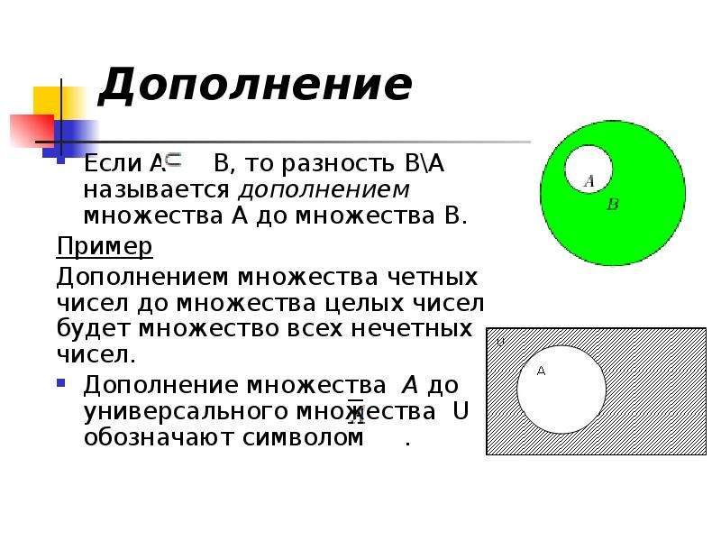 Дополнение множества. Дополнение множества примеры. Как обозначается дополнение множества. Разность множеств дополнение до множества. Дополнение множества а до множества в.