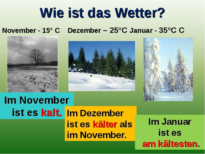 Wie ist das Wetter? November - 15° C Dezember – 25°C Januar - 35°C C
