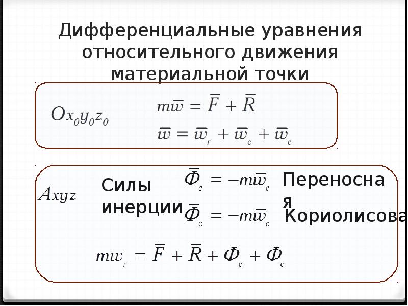 Уравнение движения точки. Уравнение относительного движения материальной точки. Основное уравнение динамики относительного движения точки. Дифференциальное уравнение относительного движения. Дифференциальные уравнения относительного движения точки..