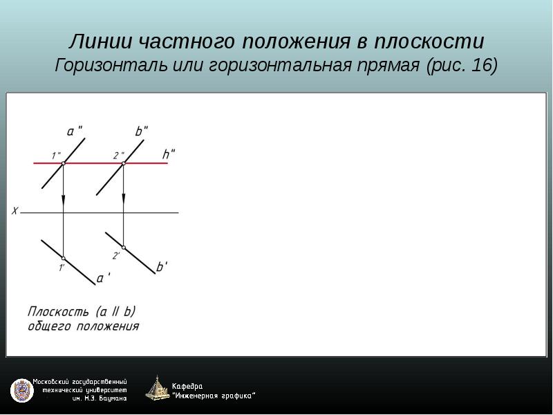 Две горизонтальные прямые. Положение прямых на плоскости. Линии частного положения. Прямая частного положения горизонтальная прямая. Горизонталь прямая частного положения.