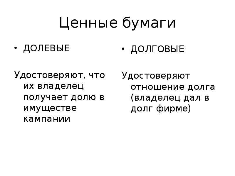 Виды ценных бумаг долевые и долговые. Долевые ценные бумаги.