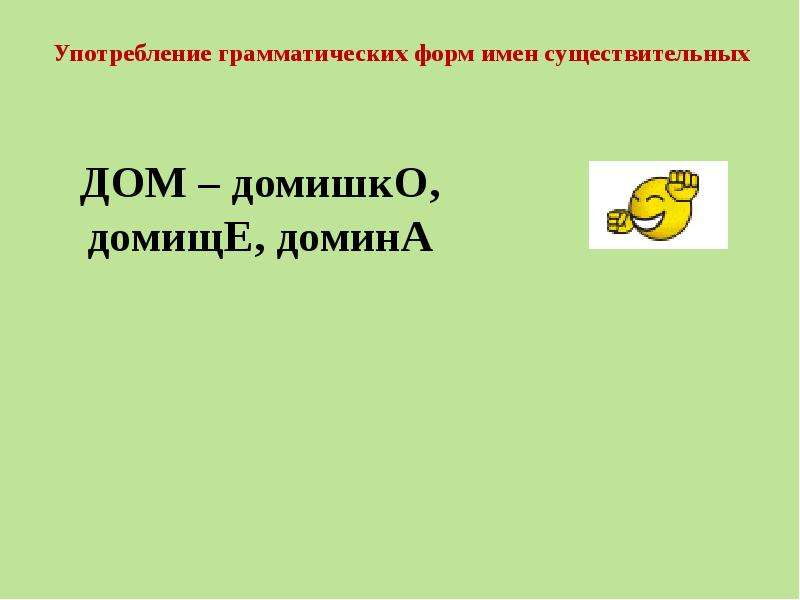 Употребление грамматических форм имен существительных ДОМ – домишкО, домищЕ, доминА