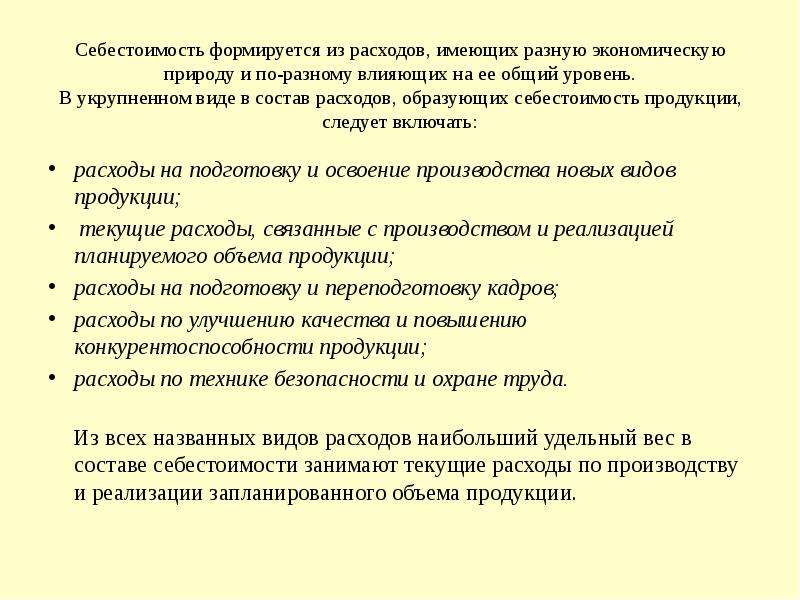 План по себестоимости включает в себя