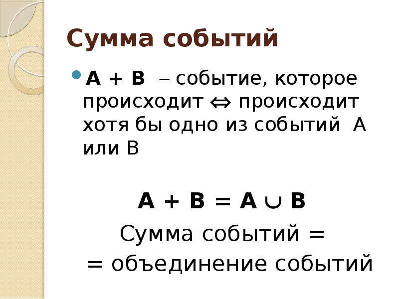 Объединение событий. Сумма событий. Объединение событий сумма. Определение суммы событий. Произошло хотя бы одно из событий.