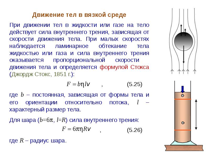 Движение тел в жидкостях и газах. Формула сопротивления вязкой жидкости. Движение тела в вязкой среде. Какие силы действуют на тело падающее в вязкой среде. Движение тел в вязкой жидкости формула Стокса.