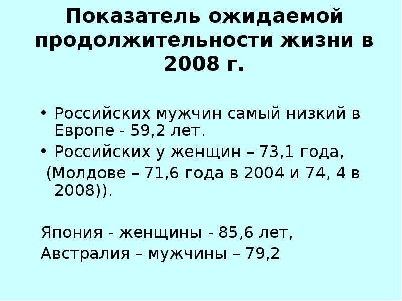 Показатель ожидаемой продолжительности жизни в 2008 г. Российских мужчин самый низкий в Европе - 59,