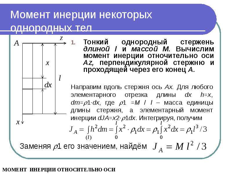 Тонкий стержень длины. Момент инерции системы стержней. Осевой момент стержня. Момент инерции стержня относительно оси проходящей через его конец. Момент инерции тонкого однородного стержня.