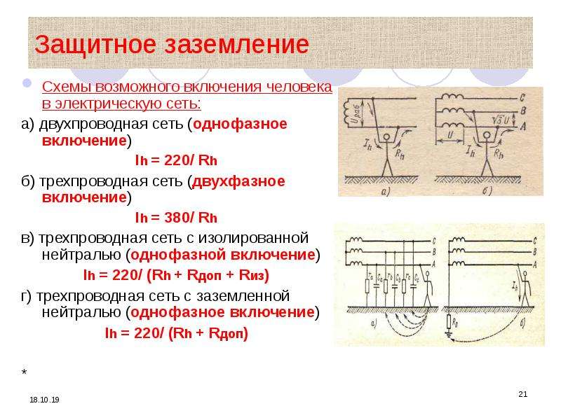 Что является определением термина защитное заземление. Схема двухфазного включения человека в электрическую сеть. Типы защитного заземления. Защитная функция заземления.