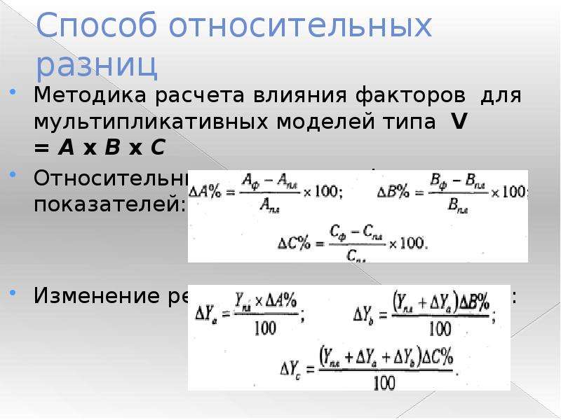 Способ относительных. Метод относительных разниц факторного анализа. Способ относительных разниц. Метод относительных разностей. Способ абсолютных и относительных разниц.