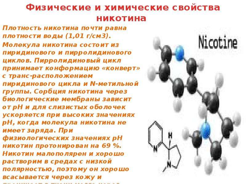 Физические и химические свойства никотина Плотность никотина почти равна плотности воды (1,01 г/см3)