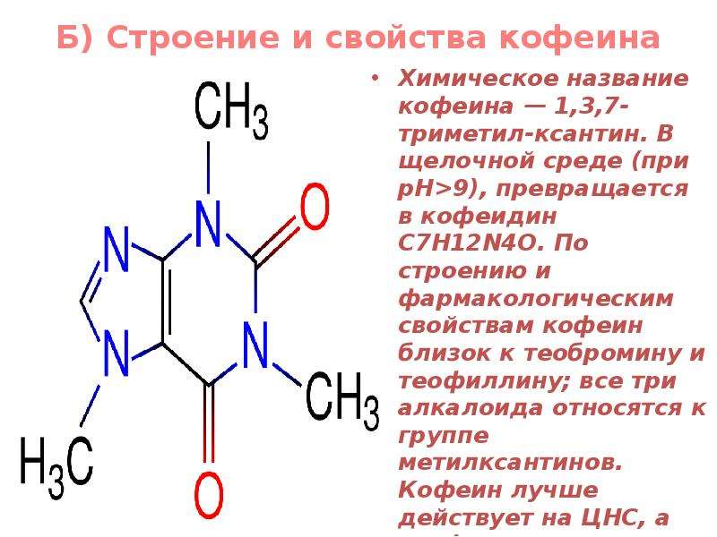 Б) Строение и свойства кофеина Химическое название кофеина — 1,3,7-триметил-ксантин. В щелочной сред