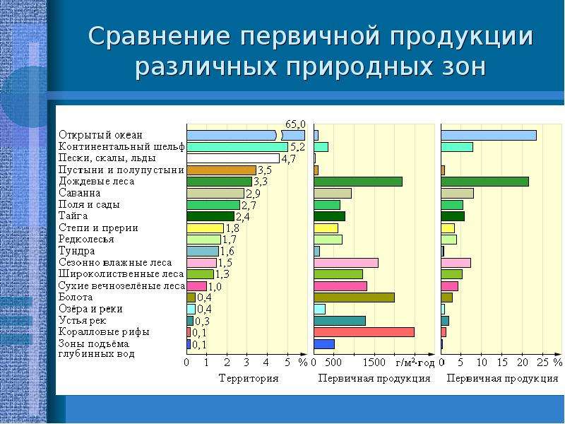 Первичная продукция. Первичная продукция разных природных зон. Сравнение продукции. Величина первичной продукции.