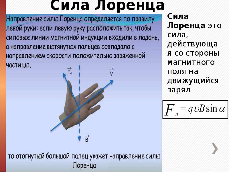 Магнитная сила лоренца. 5. Сила Лоренца. Правило левой руки. Магнитное поле. Понятие о биомагнетизма. Магнитные свойства тканей организма.